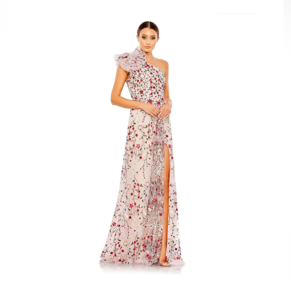 Mac Duggal Embellished Ruffled One Shoulder A Line Gown Size 4